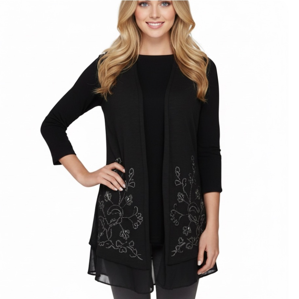 LOGO by Lori Goldstein Slub Knit Vest Embroidery and Chiffon Hem oversized‎
